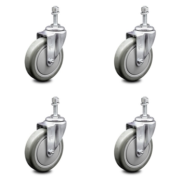 5 Inch Gray Polyurethane Wheel Swivel 10mm Threaded Stem Caster Set SCC